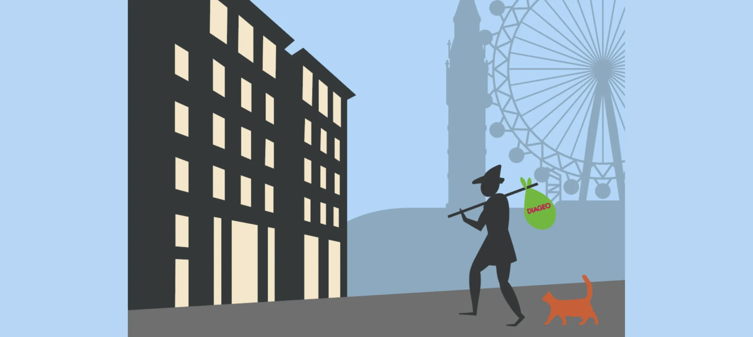 Illustration of a traveller with a cat walking towards London, with the London Eye in the background