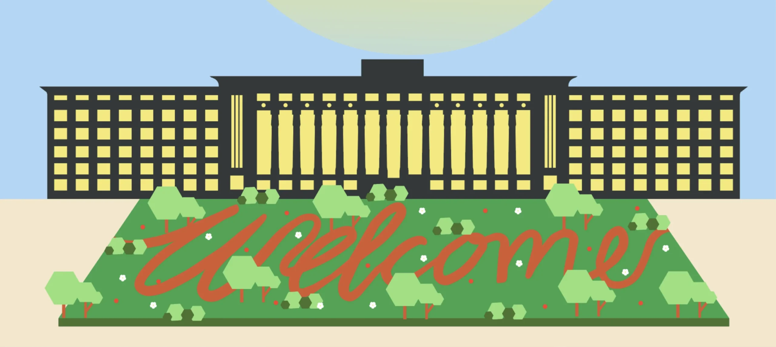 Illustration of Greater London House with a green welcome sign