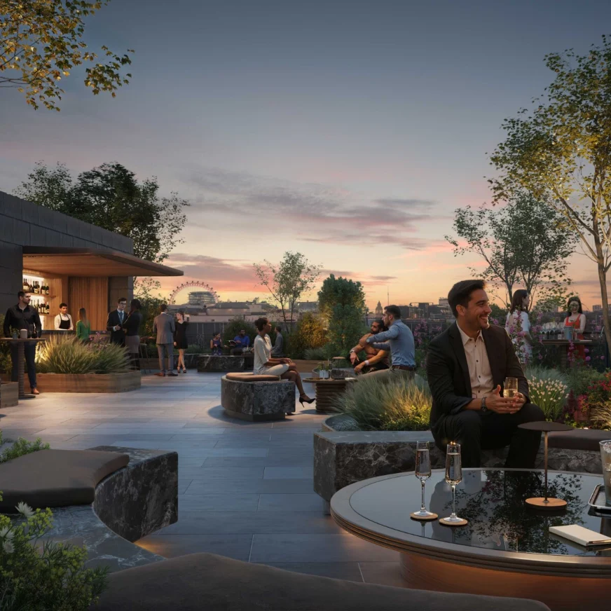 Roof terrace at 63 New Bond Street at dusk