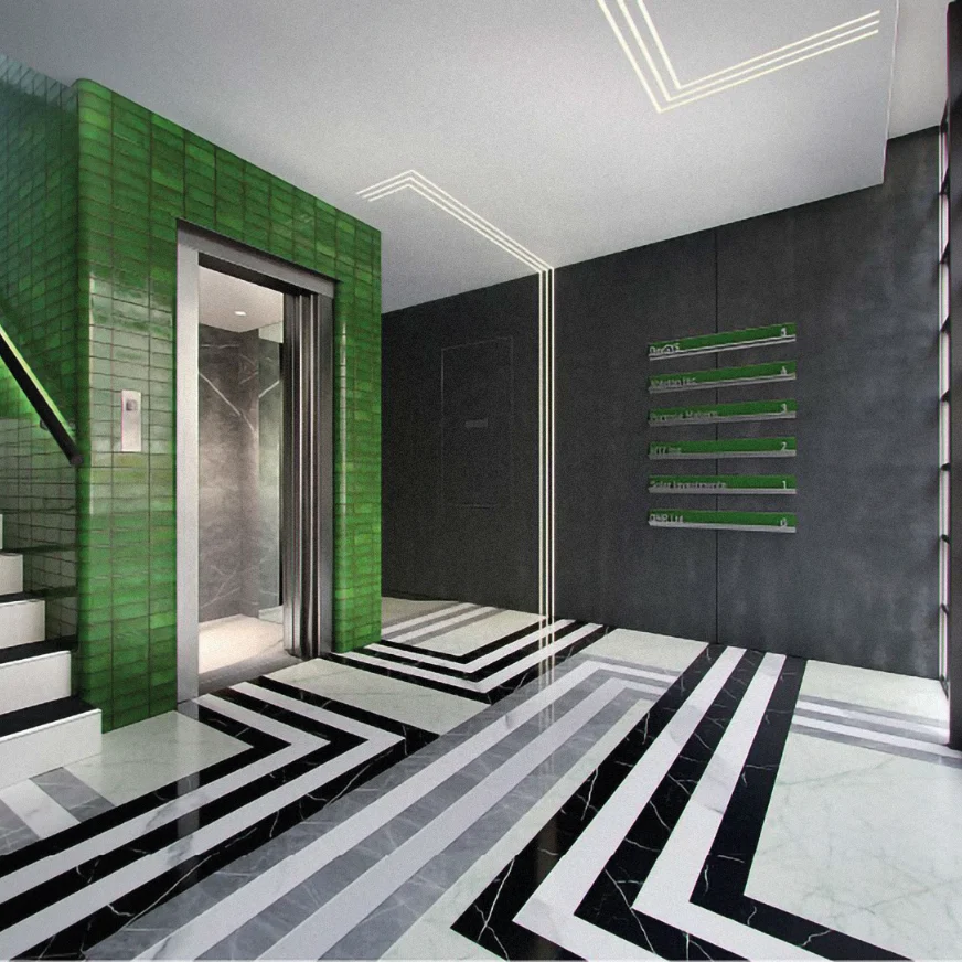 Green-tiled lift lobby at Shropshire House